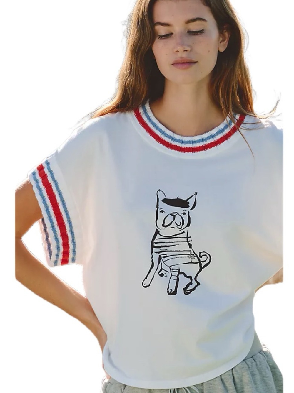 Anthropologie Daily Practice Oversized White “Pup” Tee with Knit Trim Size S